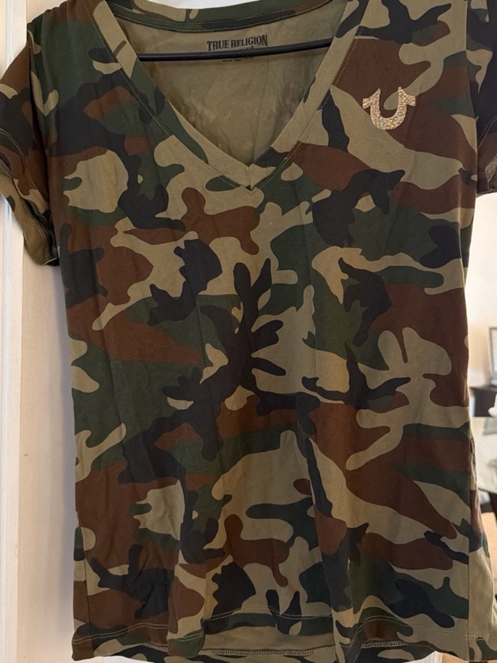 True Religion Kids' Camo V-Neck Tee in Green and Brown